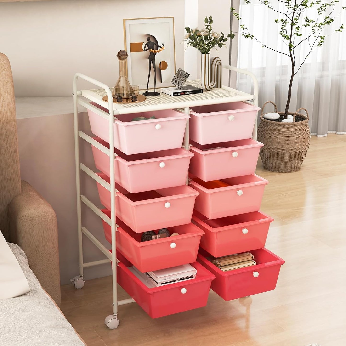 15 Drawer Rolling Storage Cart, Mobile Drawer Carts for Craft Art Supply Paper Salon, Utility Cart on Wheels for Classroom Teacher School Office, Rolling Cart with Drawers (Yellow)