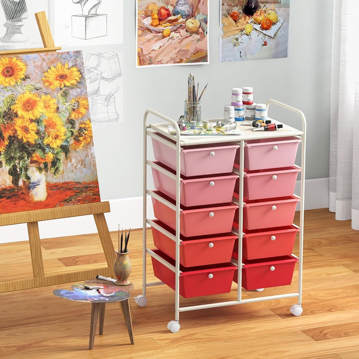 15 Drawer Rolling Storage Cart, Mobile Drawer Carts for Craft Art Supply Paper Salon, Utility Cart on Wheels for Classroom Teacher School Office, Rolling Cart with Drawers (Yellow)