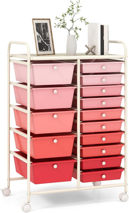 15 Drawer Rolling Storage Cart, Mobile Drawer Carts for Craft Art Supply Paper Salon, Utility Cart on Wheels for Classroom Teacher School Office, Rolling Cart with Drawers (Yellow)