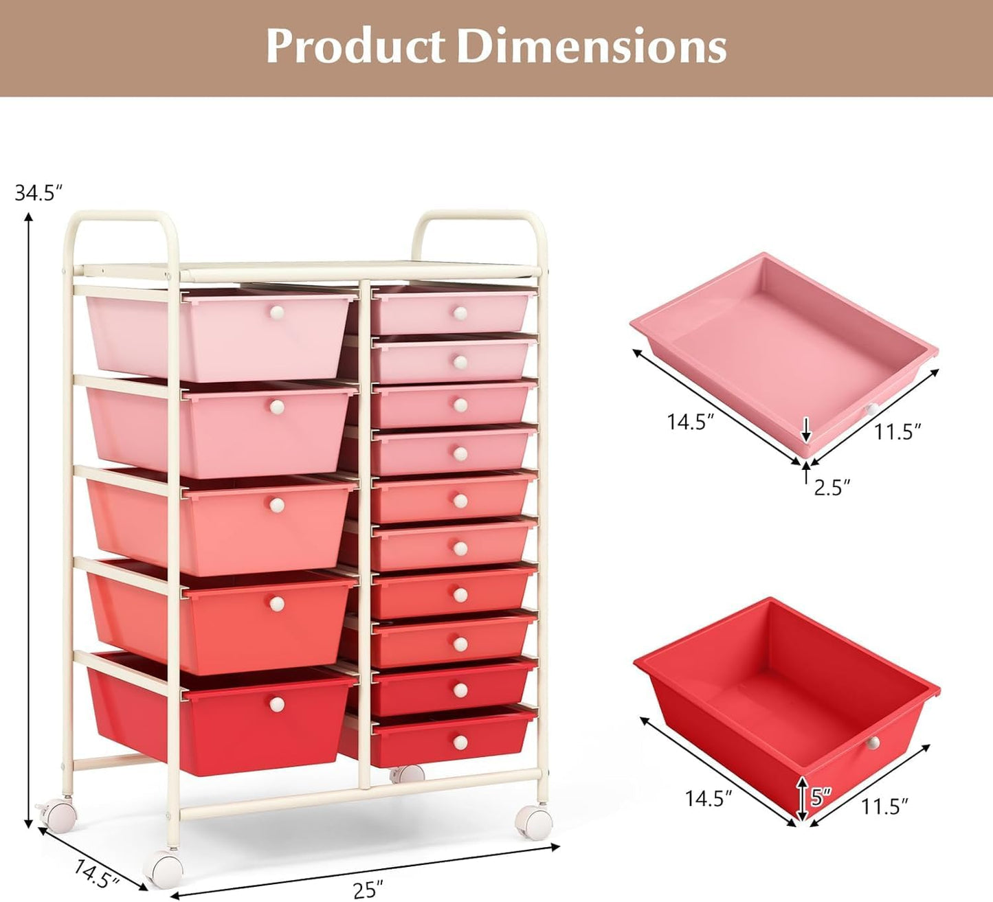 15 Drawer Rolling Storage Cart, Mobile Drawer Carts for Craft Art Supply Paper Salon, Utility Cart on Wheels for Classroom Teacher School Office, Rolling Cart with Drawers (Yellow)