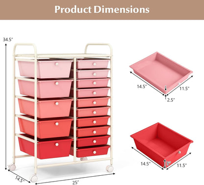15 Drawer Rolling Storage Cart, Mobile Drawer Carts for Craft Art Supply Paper Salon, Utility Cart on Wheels for Classroom Teacher School Office, Rolling Cart with Drawers (Yellow)