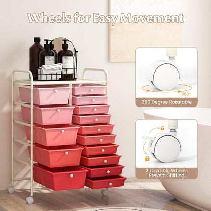 15 Drawer Rolling Storage Cart, Mobile Drawer Carts for Craft Art Supply Paper Salon, Utility Cart on Wheels for Classroom Teacher School Office, Rolling Cart with Drawers (Yellow)