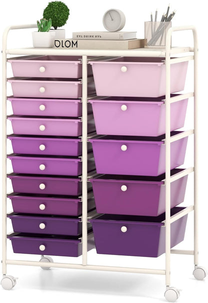 15 Drawer Rolling Storage Cart, Mobile Drawer Carts for Craft Art Supply Paper Salon, Utility Cart on Wheels for Classroom Teacher School Office, Rolling Cart with Drawers (Yellow)