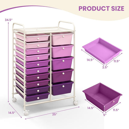 15 Drawer Rolling Storage Cart, Mobile Drawer Carts for Craft Art Supply Paper Salon, Utility Cart on Wheels for Classroom Teacher School Office, Rolling Cart with Drawers (Yellow)
