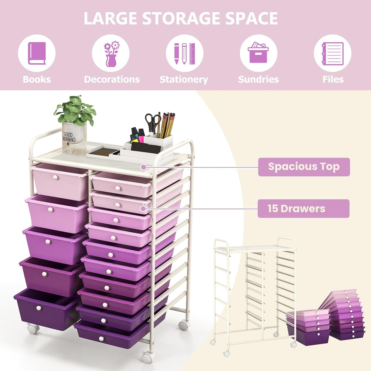 15 Drawer Rolling Storage Cart, Mobile Drawer Carts for Craft Art Supply Paper Salon, Utility Cart on Wheels for Classroom Teacher School Office, Rolling Cart with Drawers (Yellow)