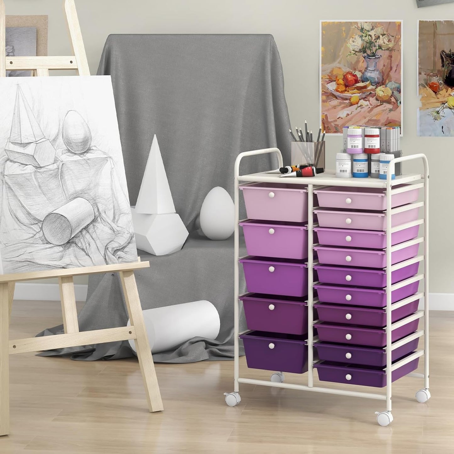 15 Drawer Rolling Storage Cart, Mobile Drawer Carts for Craft Art Supply Paper Salon, Utility Cart on Wheels for Classroom Teacher School Office, Rolling Cart with Drawers (Yellow)