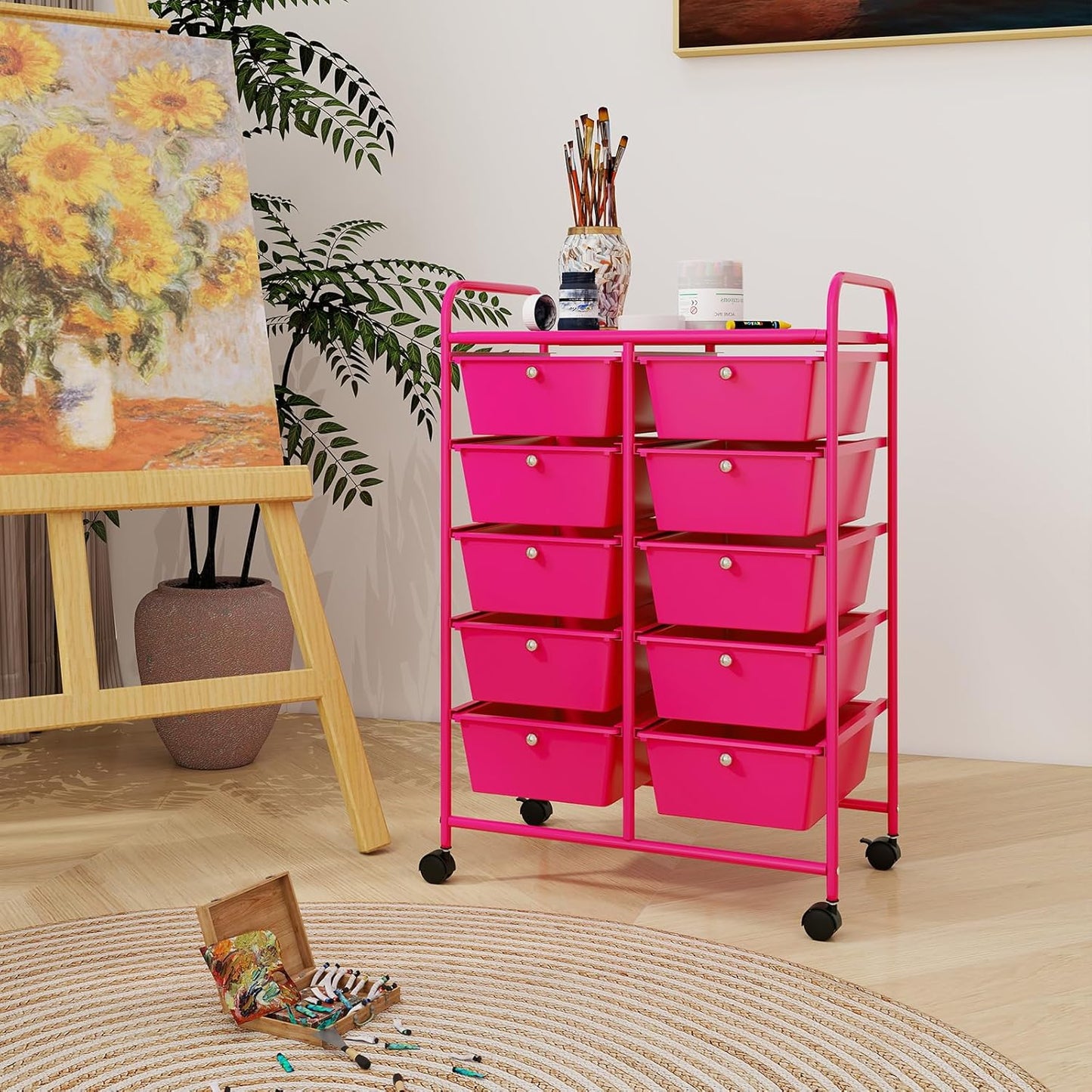 15 Drawer Rolling Storage Cart, Mobile Drawer Carts for Craft Art Supply Paper Salon, Utility Cart on Wheels for Classroom Teacher School Office, Rolling Cart with Drawers (Yellow)