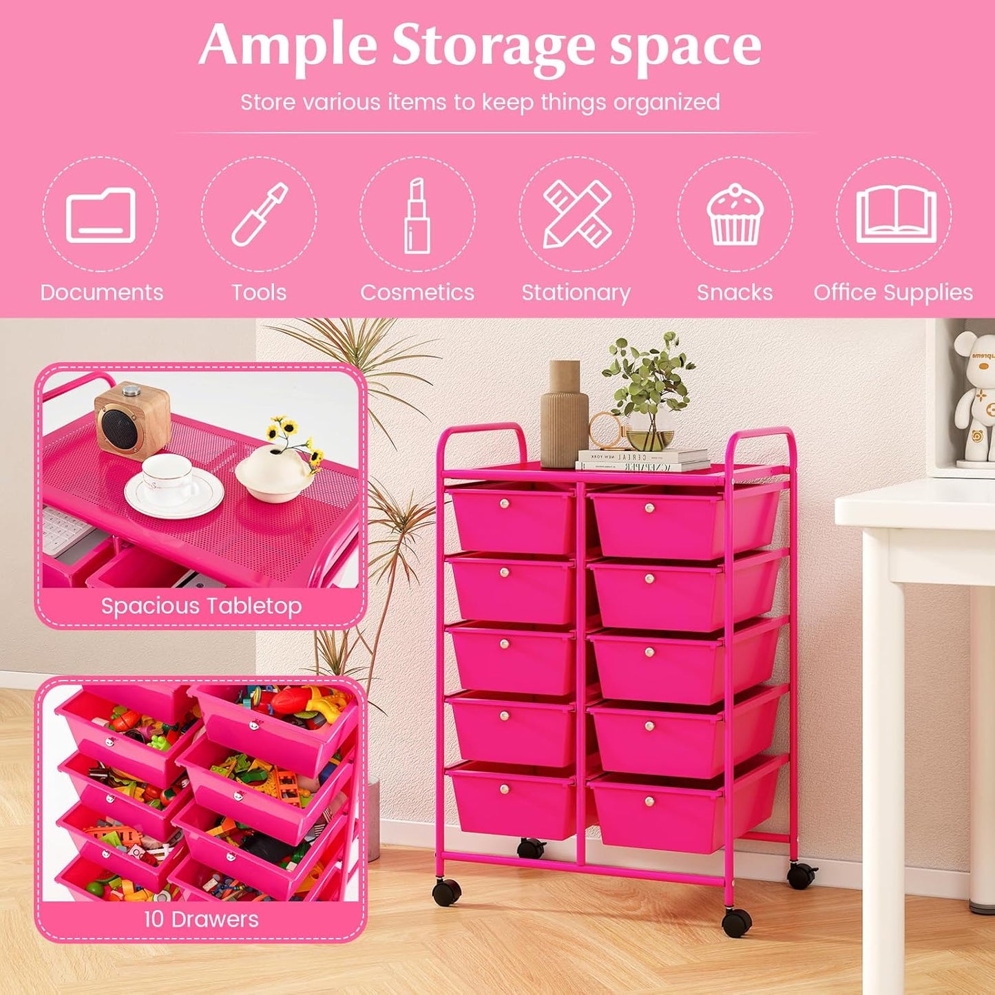 15 Drawer Rolling Storage Cart, Mobile Drawer Carts for Craft Art Supply Paper Salon, Utility Cart on Wheels for Classroom Teacher School Office, Rolling Cart with Drawers (Yellow)