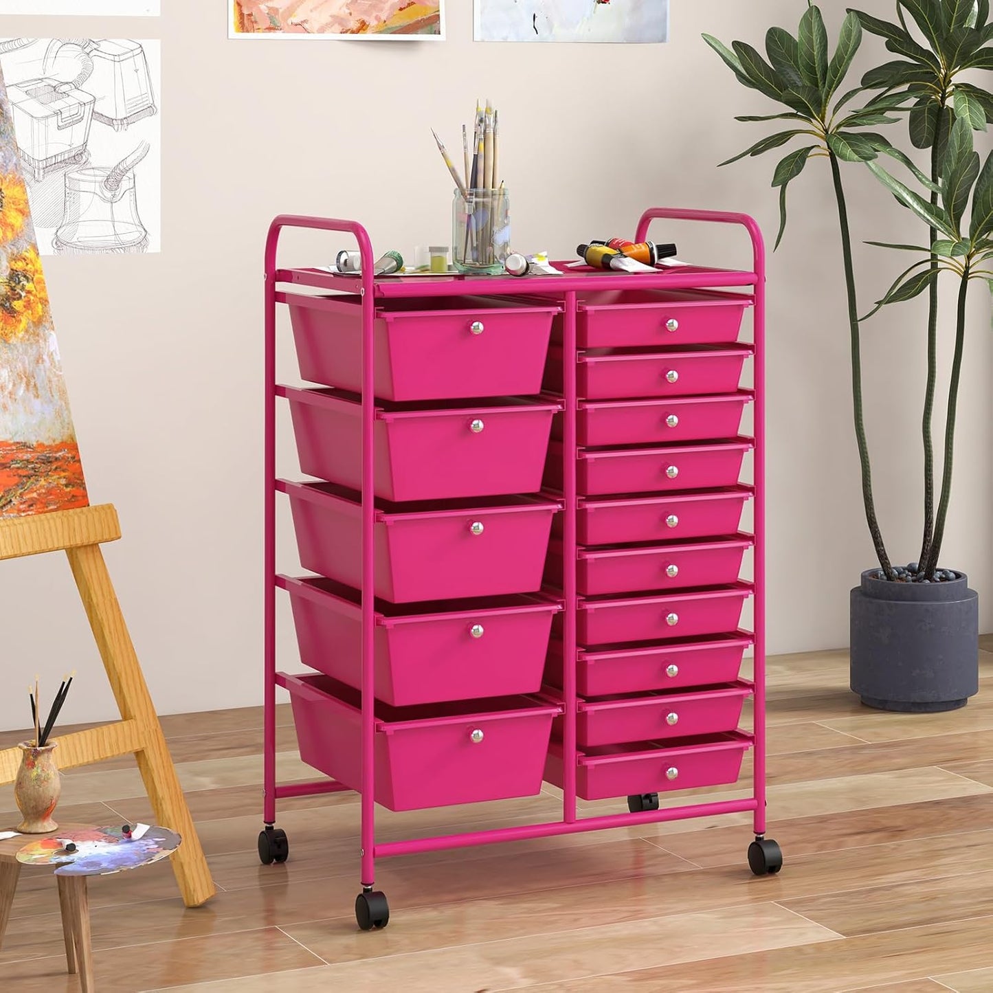 15 Drawer Rolling Storage Cart, Mobile Drawer Carts for Craft Art Supply Paper Salon, Utility Cart on Wheels for Classroom Teacher School Office, Rolling Cart with Drawers (Yellow)