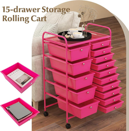 15 Drawer Rolling Storage Cart, Mobile Drawer Carts for Craft Art Supply Paper Salon, Utility Cart on Wheels for Classroom Teacher School Office, Rolling Cart with Drawers (Yellow)