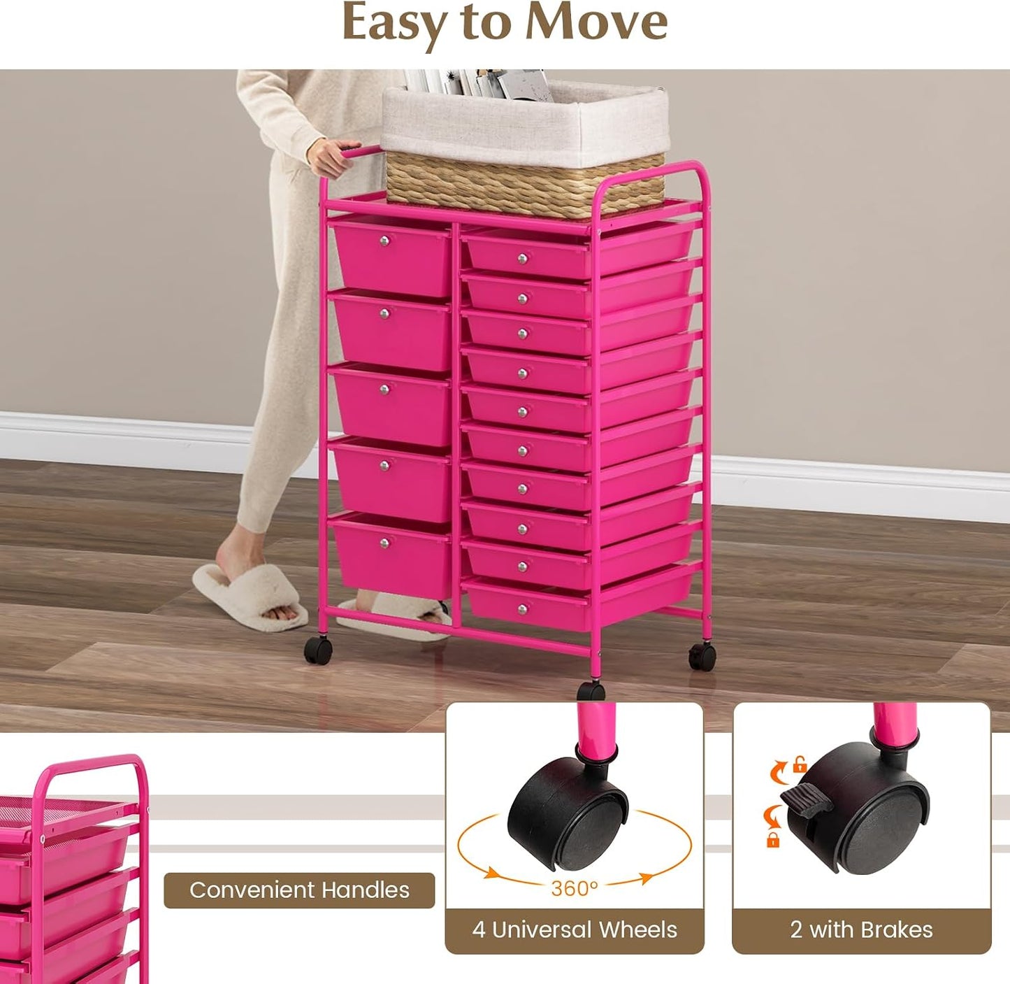 15 Drawer Rolling Storage Cart, Mobile Drawer Carts for Craft Art Supply Paper Salon, Utility Cart on Wheels for Classroom Teacher School Office, Rolling Cart with Drawers (Yellow)