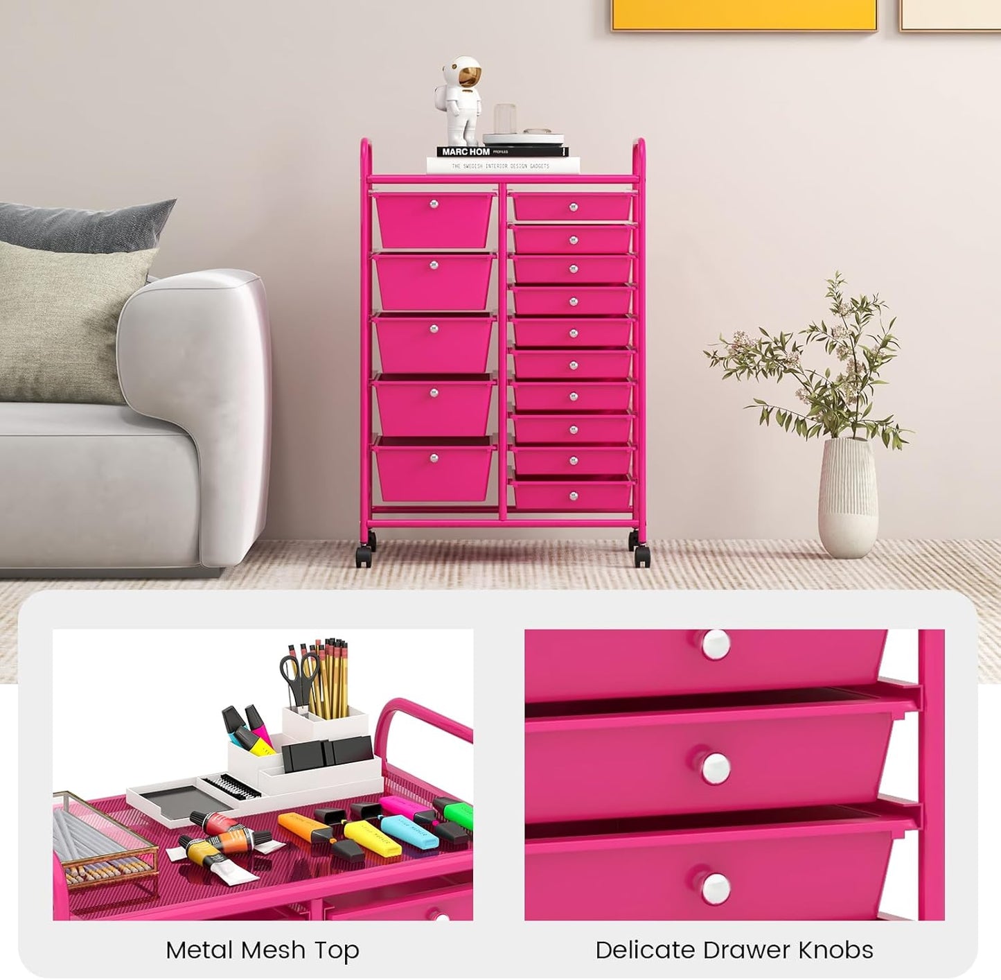 15 Drawer Rolling Storage Cart, Mobile Drawer Carts for Craft Art Supply Paper Salon, Utility Cart on Wheels for Classroom Teacher School Office, Rolling Cart with Drawers (Yellow)
