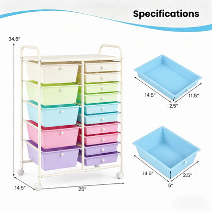 15 Drawer Rolling Storage Cart, Mobile Drawer Carts for Craft Art Supply Paper Salon, Utility Cart on Wheels for Classroom Teacher School Office, Rolling Cart with Drawers (Yellow)