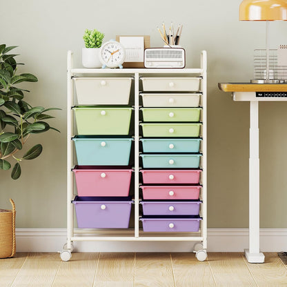 15 Drawer Rolling Storage Cart, Mobile Drawer Carts for Craft Art Supply Paper Salon, Utility Cart on Wheels for Classroom Teacher School Office, Rolling Cart with Drawers (Yellow)