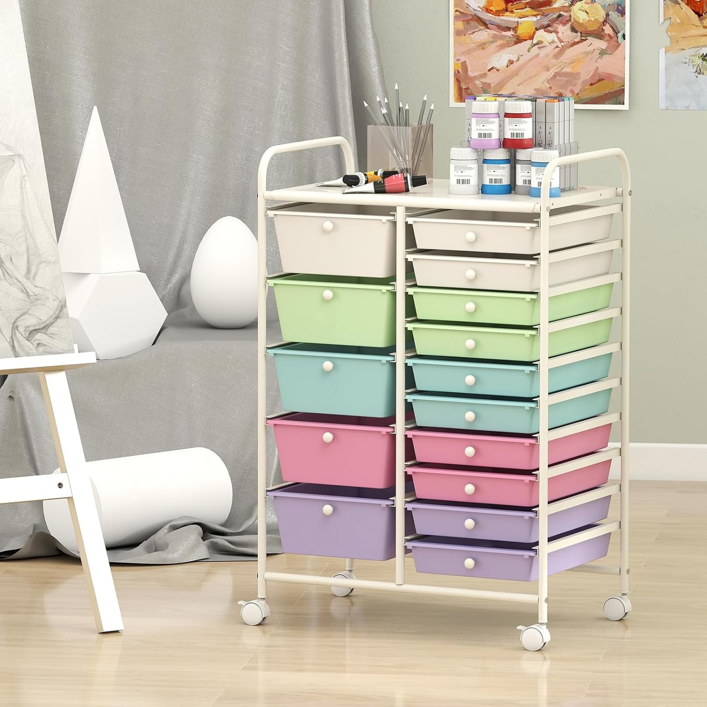 15 Drawer Rolling Storage Cart, Mobile Drawer Carts for Craft Art Supply Paper Salon, Utility Cart on Wheels for Classroom Teacher School Office, Rolling Cart with Drawers (Yellow)