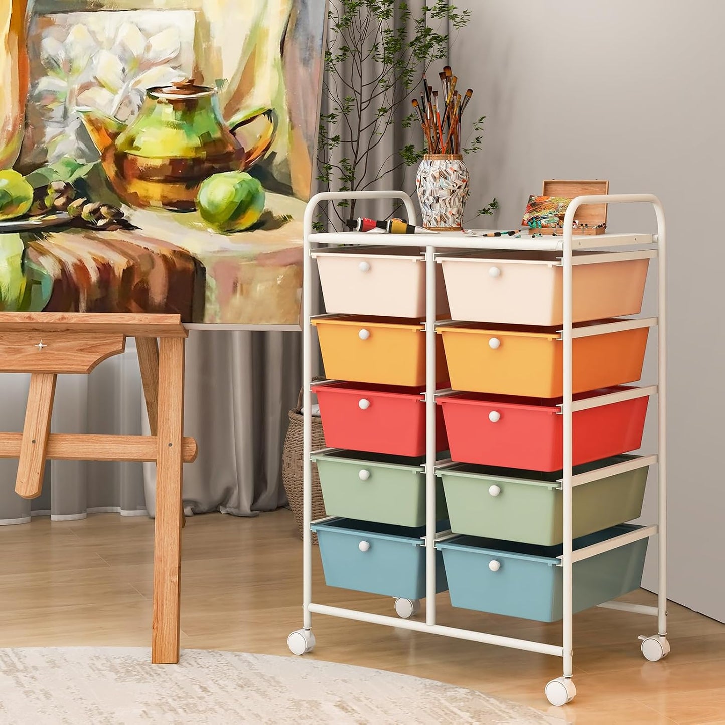 15 Drawer Rolling Storage Cart, Mobile Drawer Carts for Craft Art Supply Paper Salon, Utility Cart on Wheels for Classroom Teacher School Office, Rolling Cart with Drawers (Yellow)