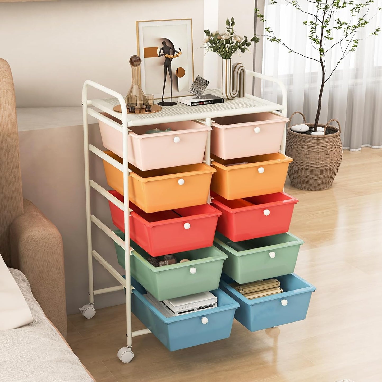 15 Drawer Rolling Storage Cart, Mobile Drawer Carts for Craft Art Supply Paper Salon, Utility Cart on Wheels for Classroom Teacher School Office, Rolling Cart with Drawers (Yellow)