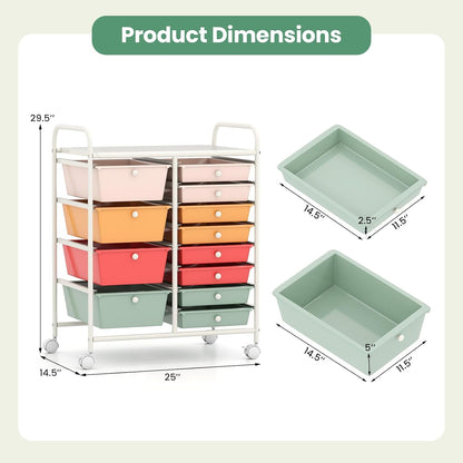 15 Drawer Rolling Storage Cart, Mobile Drawer Carts for Craft Art Supply Paper Salon, Utility Cart on Wheels for Classroom Teacher School Office, Rolling Cart with Drawers (Yellow)