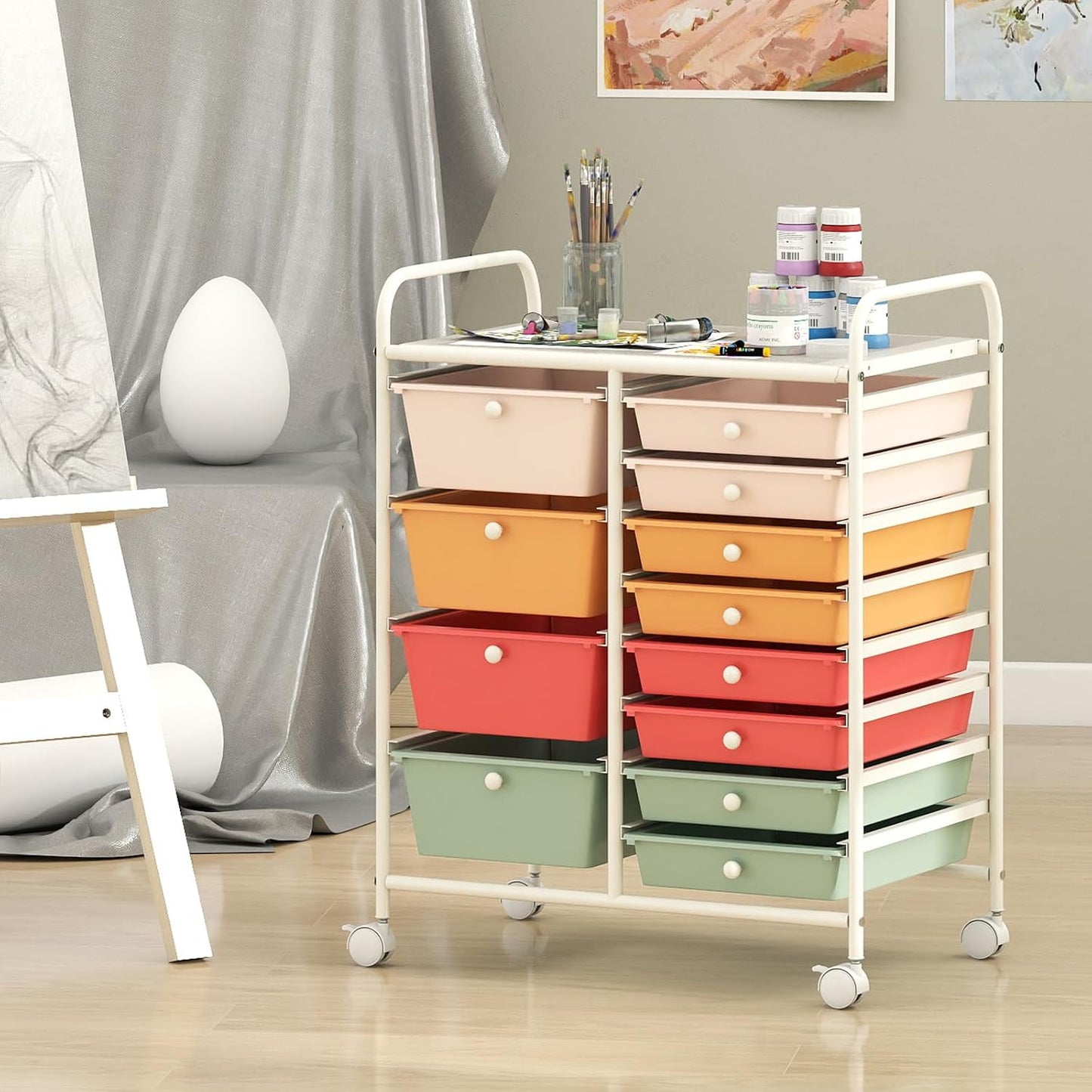 15 Drawer Rolling Storage Cart, Mobile Drawer Carts for Craft Art Supply Paper Salon, Utility Cart on Wheels for Classroom Teacher School Office, Rolling Cart with Drawers (Yellow)