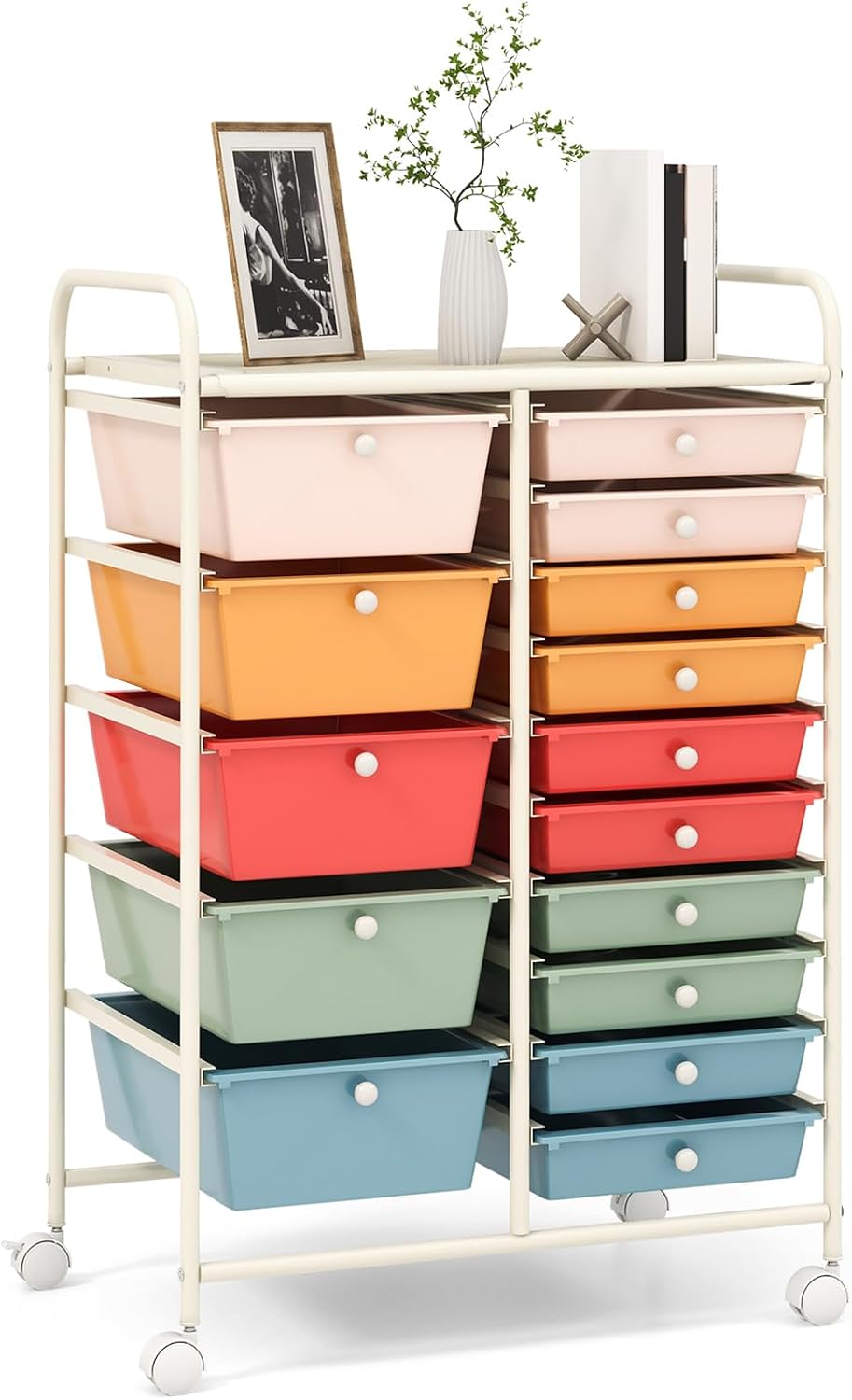 15 Drawer Rolling Storage Cart, Mobile Drawer Carts for Craft Art Supply Paper Salon, Utility Cart on Wheels for Classroom Teacher School Office, Rolling Cart with Drawers (Yellow)