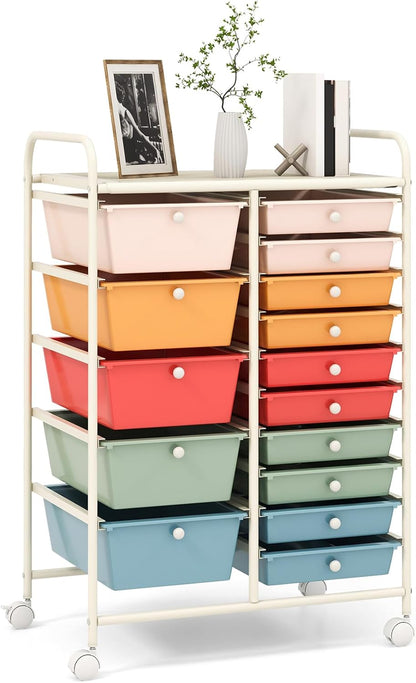 15 Drawer Rolling Storage Cart, Mobile Drawer Carts for Craft Art Supply Paper Salon, Utility Cart on Wheels for Classroom Teacher School Office, Rolling Cart with Drawers (Yellow)