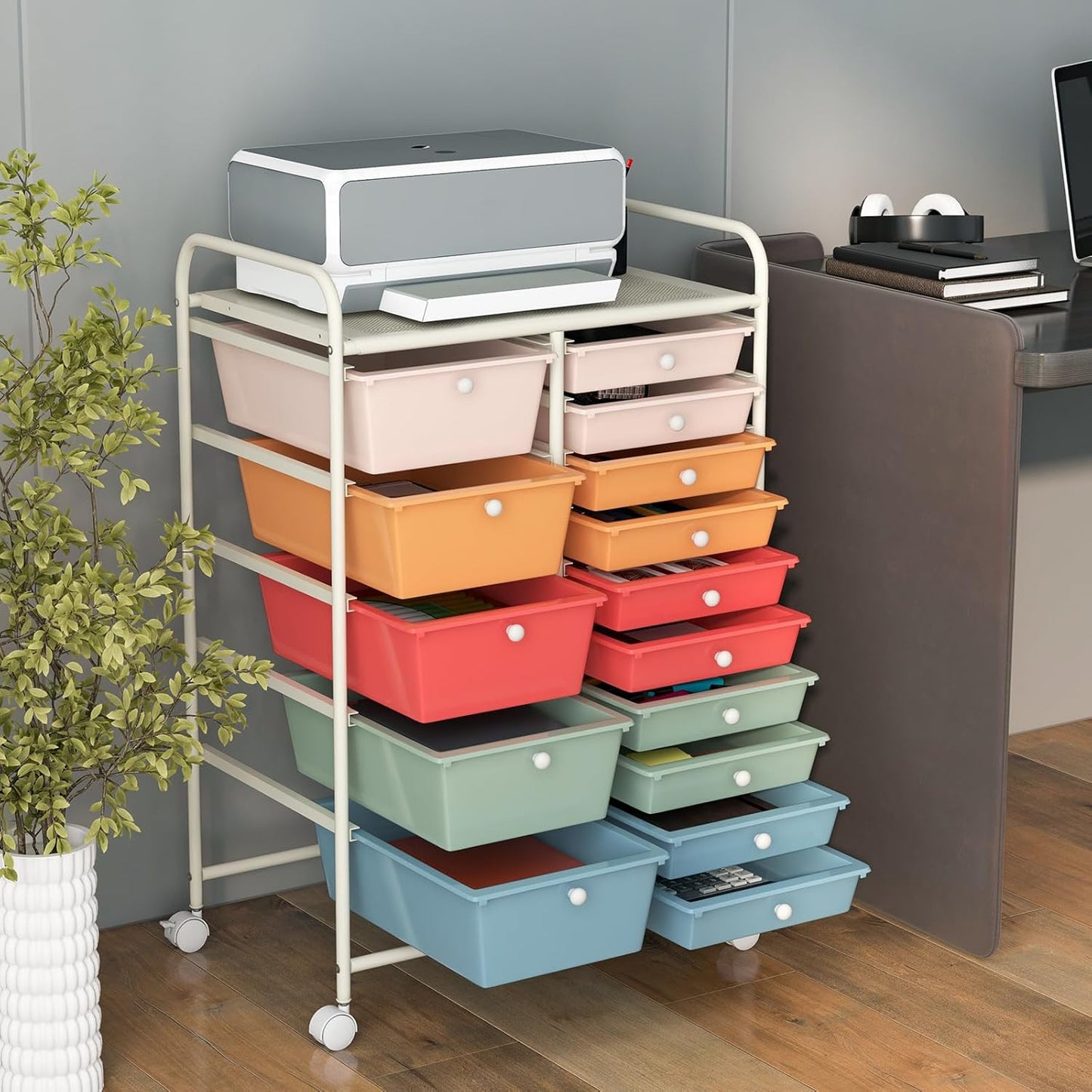 15 Drawer Rolling Storage Cart, Mobile Drawer Carts for Craft Art Supply Paper Salon, Utility Cart on Wheels for Classroom Teacher School Office, Rolling Cart with Drawers (Yellow)
