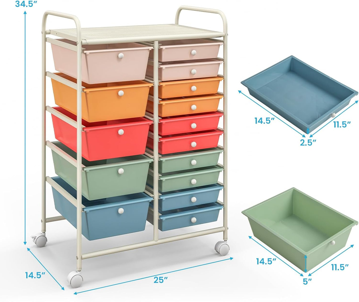 15 Drawer Rolling Storage Cart, Mobile Drawer Carts for Craft Art Supply Paper Salon, Utility Cart on Wheels for Classroom Teacher School Office, Rolling Cart with Drawers (Yellow)