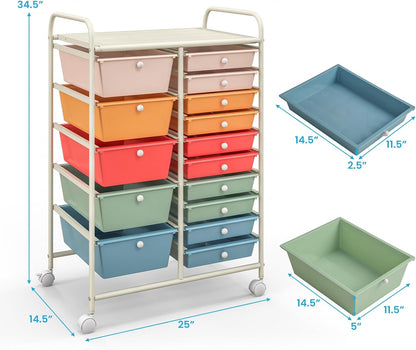 15 Drawer Rolling Storage Cart, Mobile Drawer Carts for Craft Art Supply Paper Salon, Utility Cart on Wheels for Classroom Teacher School Office, Rolling Cart with Drawers (Yellow)