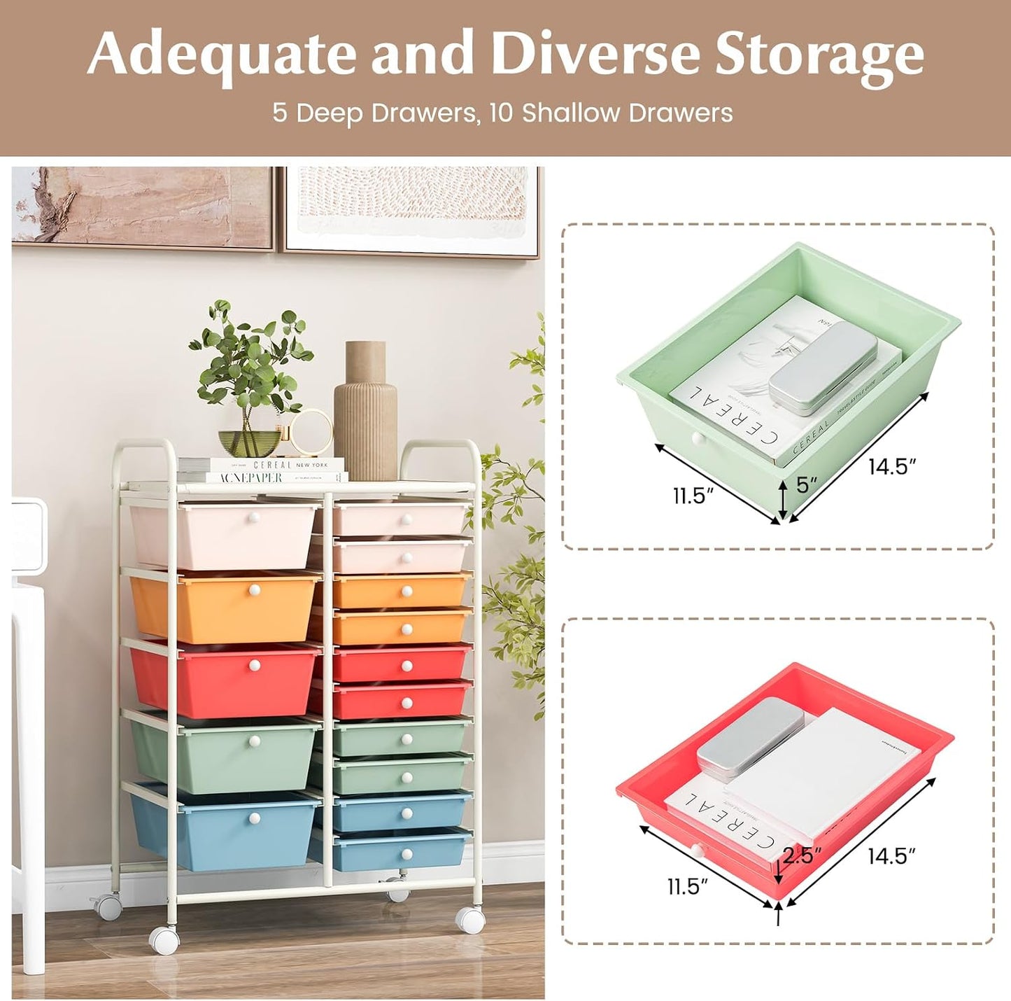 15 Drawer Rolling Storage Cart, Mobile Drawer Carts for Craft Art Supply Paper Salon, Utility Cart on Wheels for Classroom Teacher School Office, Rolling Cart with Drawers (Yellow)