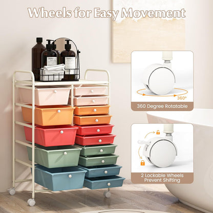 15 Drawer Rolling Storage Cart, Mobile Drawer Carts for Craft Art Supply Paper Salon, Utility Cart on Wheels for Classroom Teacher School Office, Rolling Cart with Drawers (Yellow)
