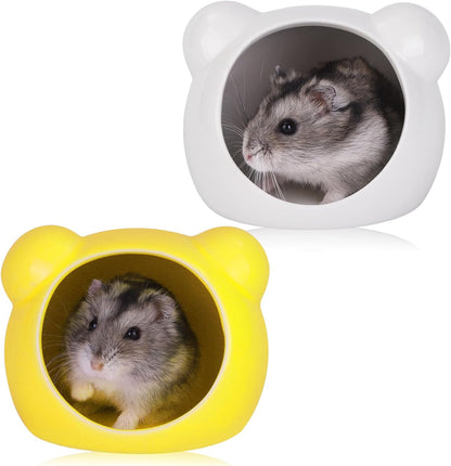 2 Pack Ceramic Hamster Hideout Yellow and White Small Animal Hides for Gerbils Mice Cute Summer Cooling Houses for Cage Accessories