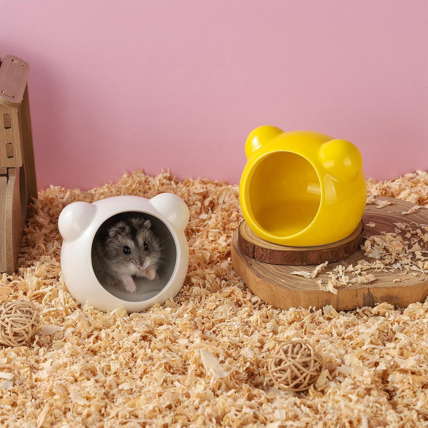 2 Pack Ceramic Hamster Hideout Yellow and White Small Animal Hides for Gerbils Mice Cute Summer Cooling Houses for Cage Accessories