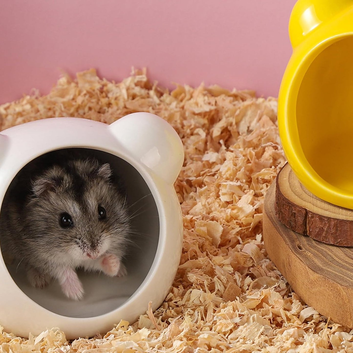 2 Pack Ceramic Hamster Hideout Yellow and White Small Animal Hides for Gerbils Mice Cute Summer Cooling Houses for Cage Accessories