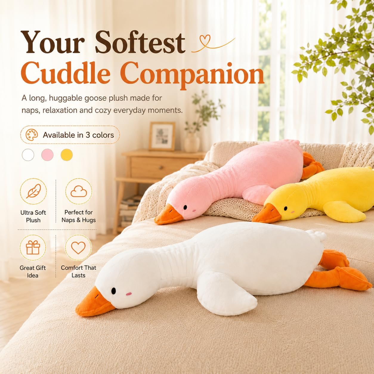 Duck Plush Pillow Stuffed Animal Toy, Cute Giant Goose Plush Duck Stuffed Animal,Super Soft Hugging Pillow for Kids Bedding (Yellow,33.4 in)