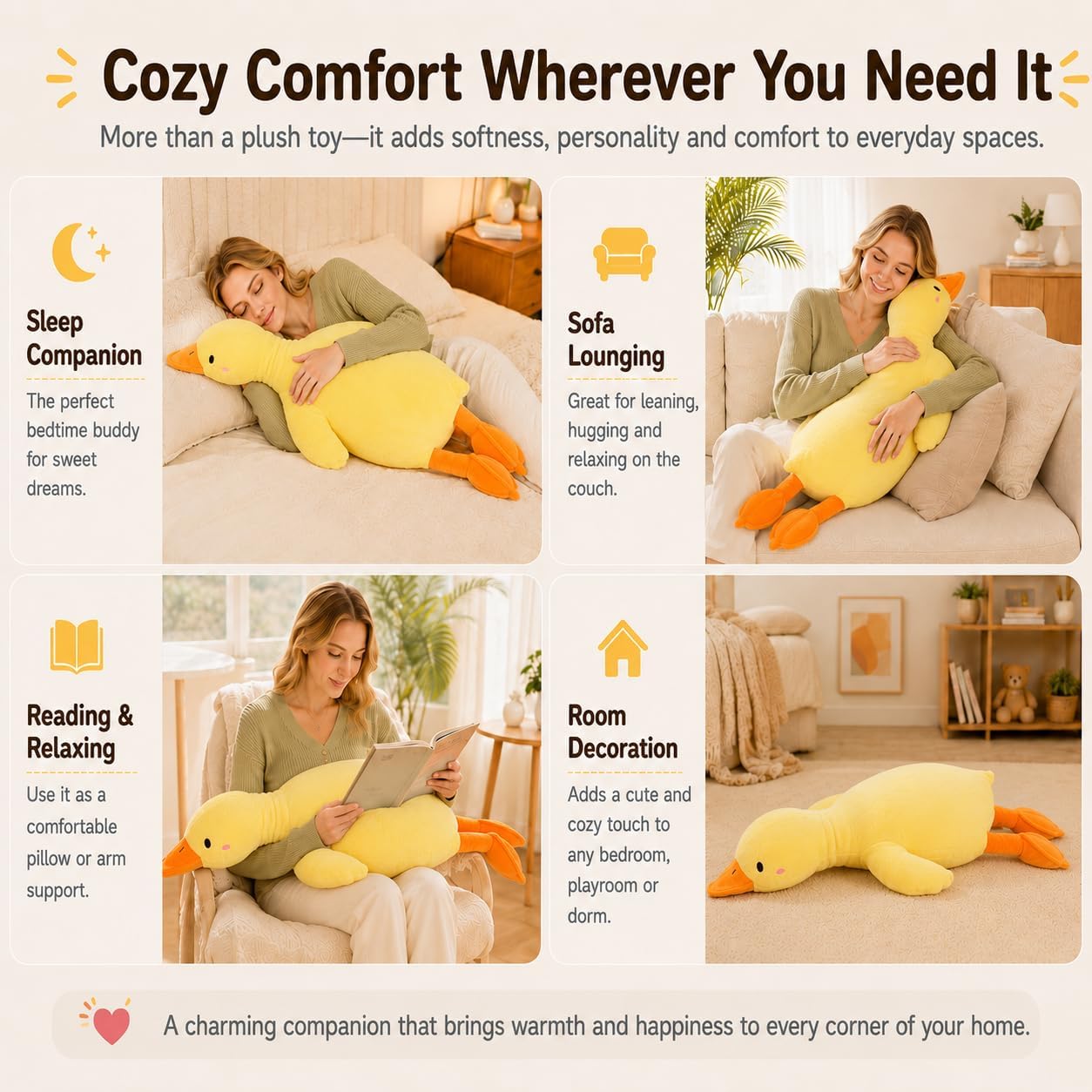 Duck Plush Pillow Stuffed Animal Toy, Cute Giant Goose Plush Duck Stuffed Animal,Super Soft Hugging Pillow for Kids Bedding (Yellow,33.4 in)