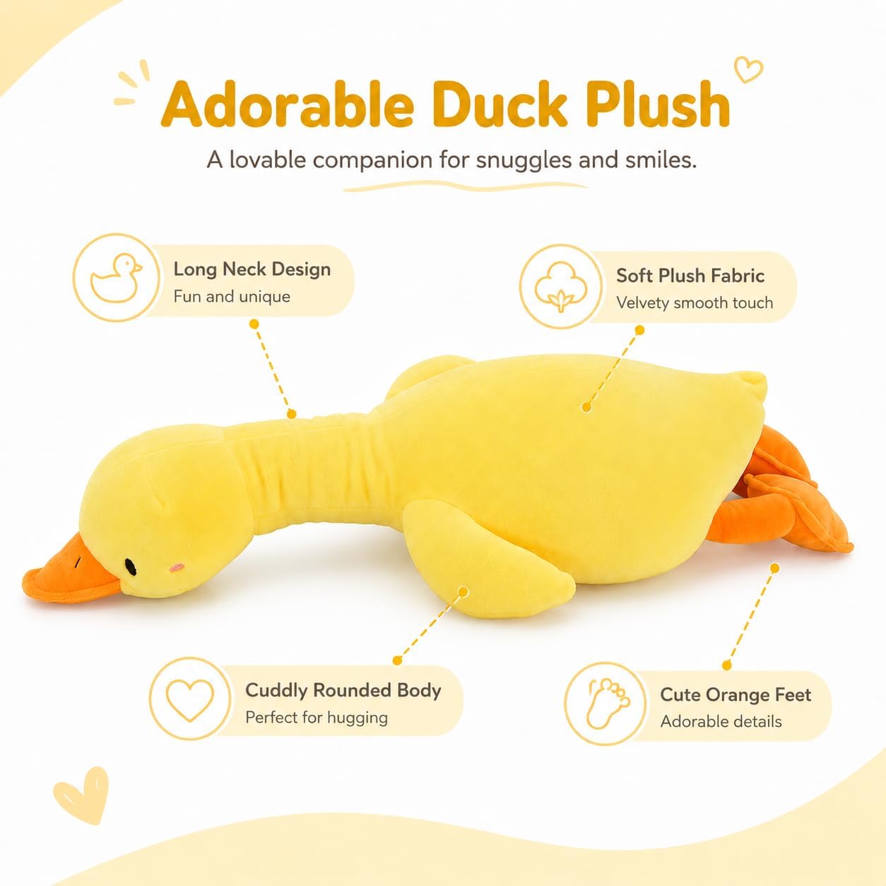 Duck Plush Pillow Stuffed Animal Toy, Cute Giant Goose Plush Duck Stuffed Animal,Super Soft Hugging Pillow for Kids Bedding (Yellow,33.4 in)