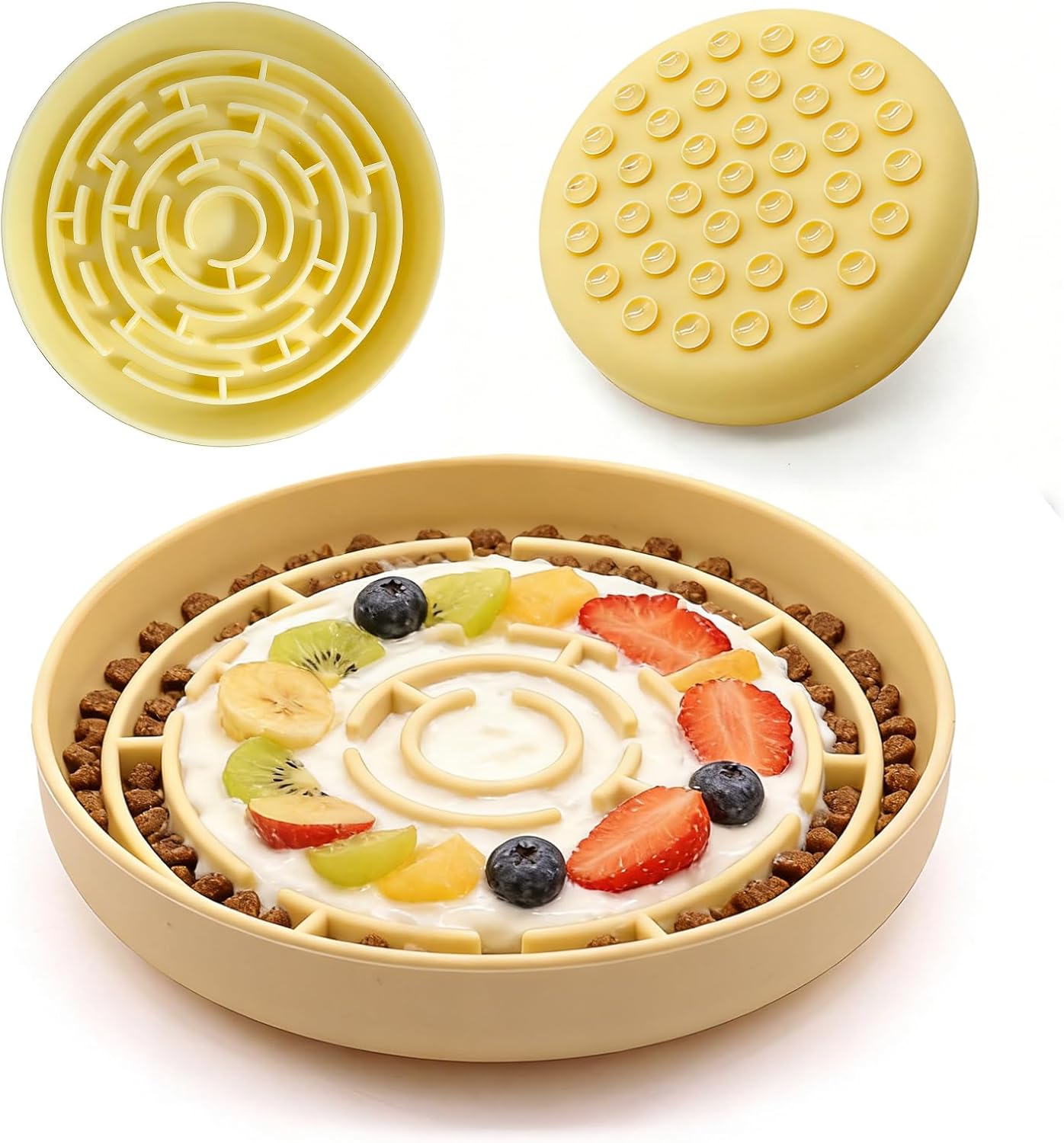 Silicone Slow Feeder Dog Bowls, with Non-Slip Suction Cups, Anti-Choking, Puppy Puzzle Bowl, Slows Down Eating Speed, Relieves Anxiety, Suitable for S&M Sized Dogs and Cats(Yellow