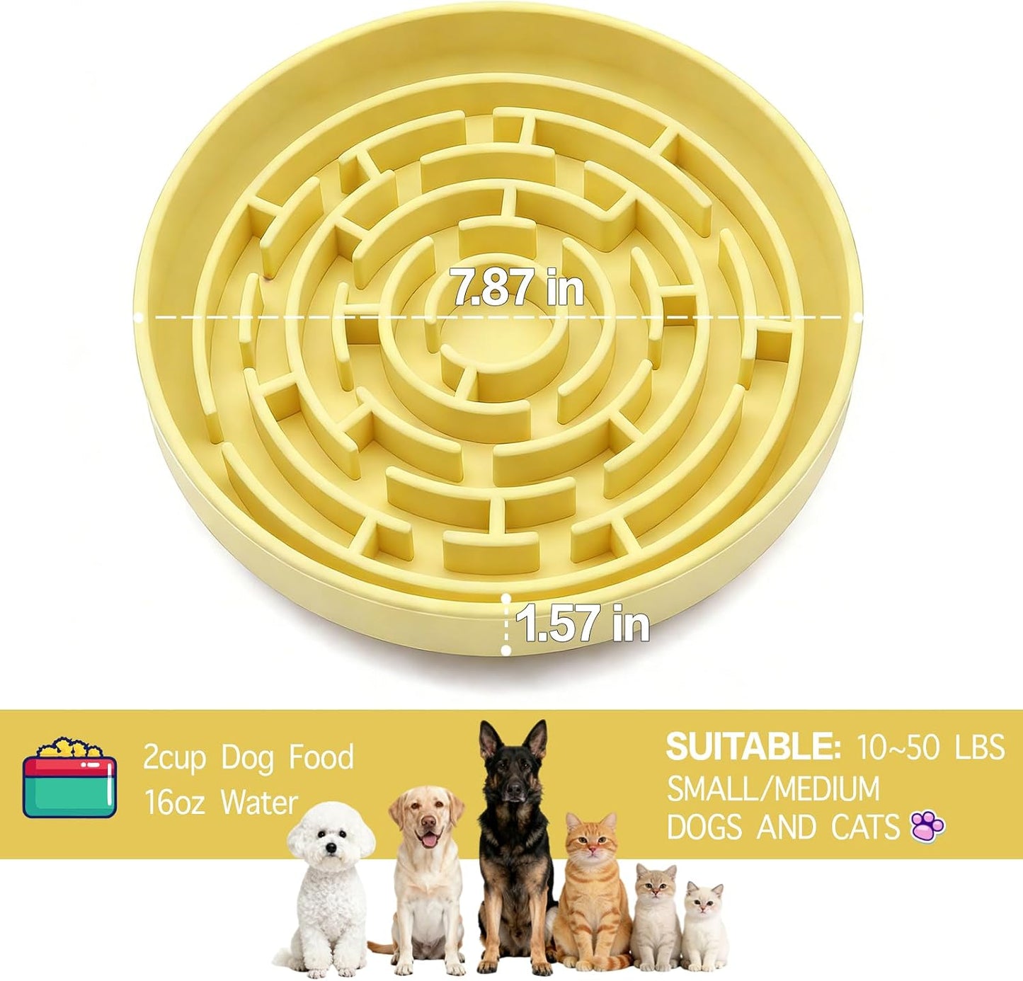 Silicone Slow Feeder Dog Bowls, with Non-Slip Suction Cups, Anti-Choking, Puppy Puzzle Bowl, Slows Down Eating Speed, Relieves Anxiety, Suitable for S&M Sized Dogs and Cats(Yellow