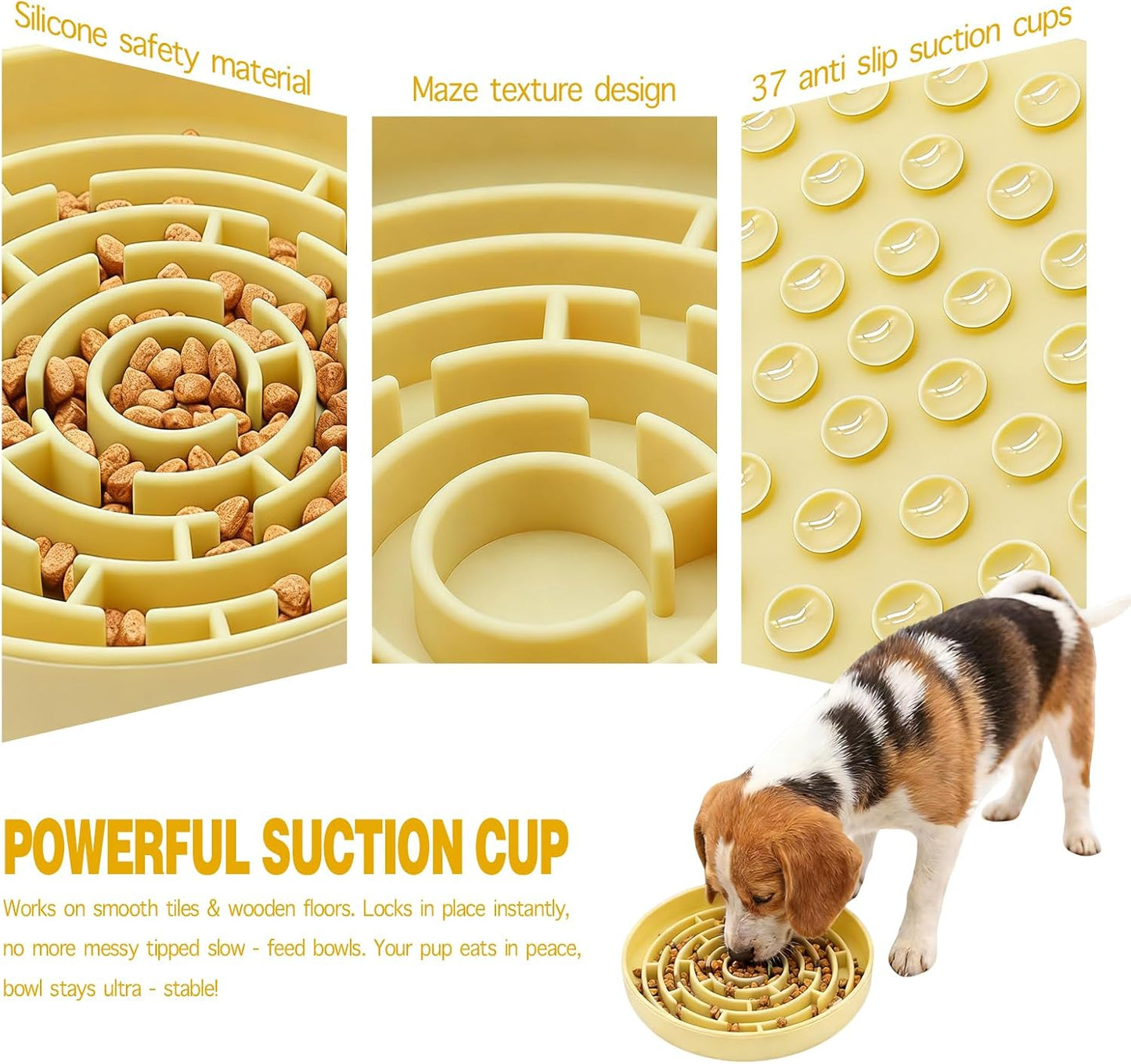 Silicone Slow Feeder Dog Bowls, with Non-Slip Suction Cups, Anti-Choking, Puppy Puzzle Bowl, Slows Down Eating Speed, Relieves Anxiety, Suitable for S&M Sized Dogs and Cats(Yellow