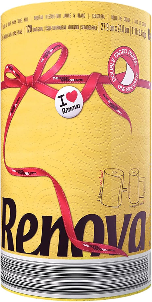 Renova Yellow Colored Paper Towel Jumbo Rolls 2-Ply-120 Sheets | Yellow kitchen paper towel, 2-ply jumbo kitchen roll, highly absorbent, multipurpose cleaning