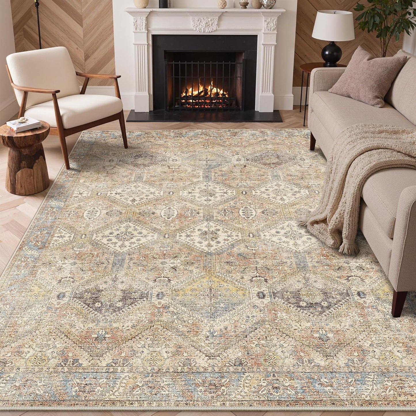 8x10 Area Rug Washable Rug for Living Room Bedroom, Vintage Print Carpet, Low Pile Lightweight Mat with Non Slip Backing, Pale Warm Yellow