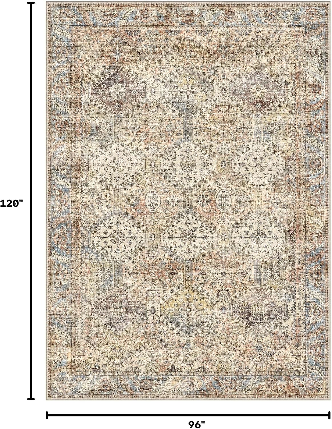 8x10 Area Rug Washable Rug for Living Room Bedroom, Vintage Print Carpet, Low Pile Lightweight Mat with Non Slip Backing, Pale Warm Yellow