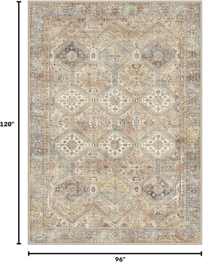 8x10 Area Rug Washable Rug for Living Room Bedroom, Vintage Print Carpet, Low Pile Lightweight Mat with Non Slip Backing, Pale Warm Yellow