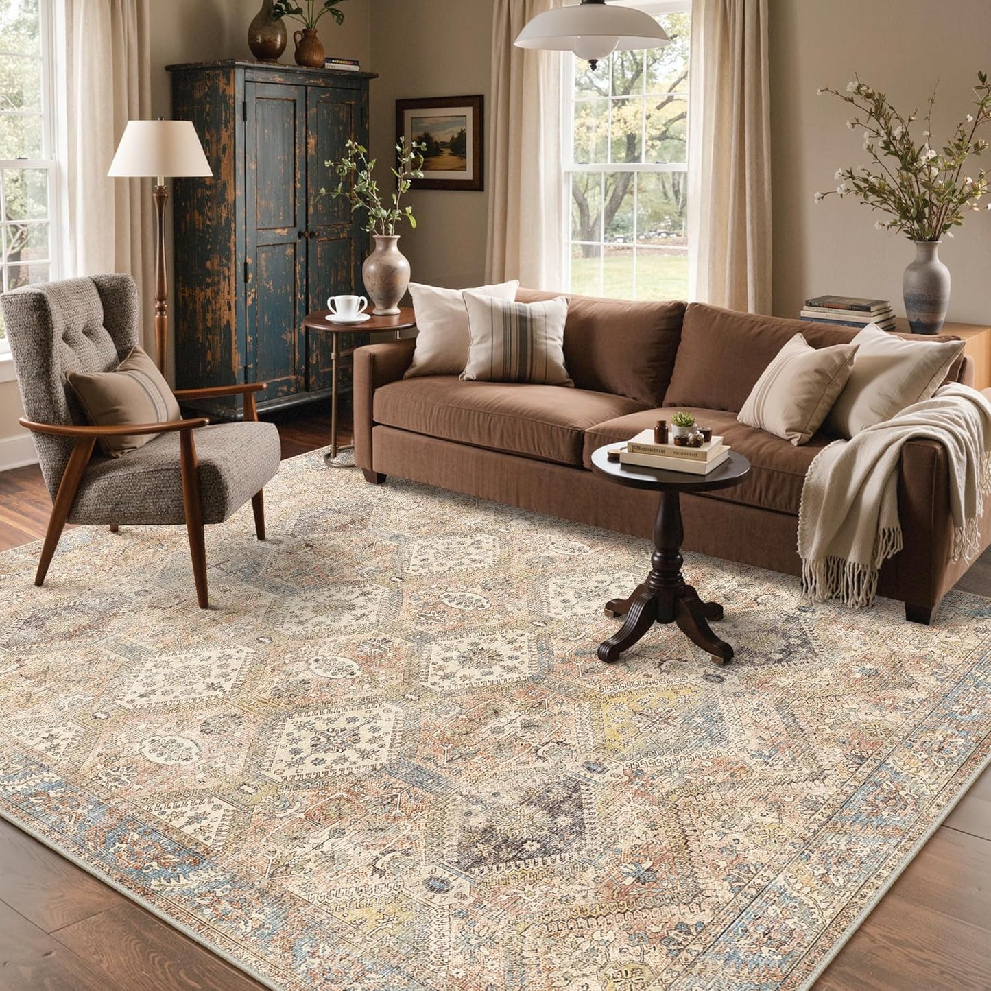 8x10 Area Rug Washable Rug for Living Room Bedroom, Vintage Print Carpet, Low Pile Lightweight Mat with Non Slip Backing, Pale Warm Yellow