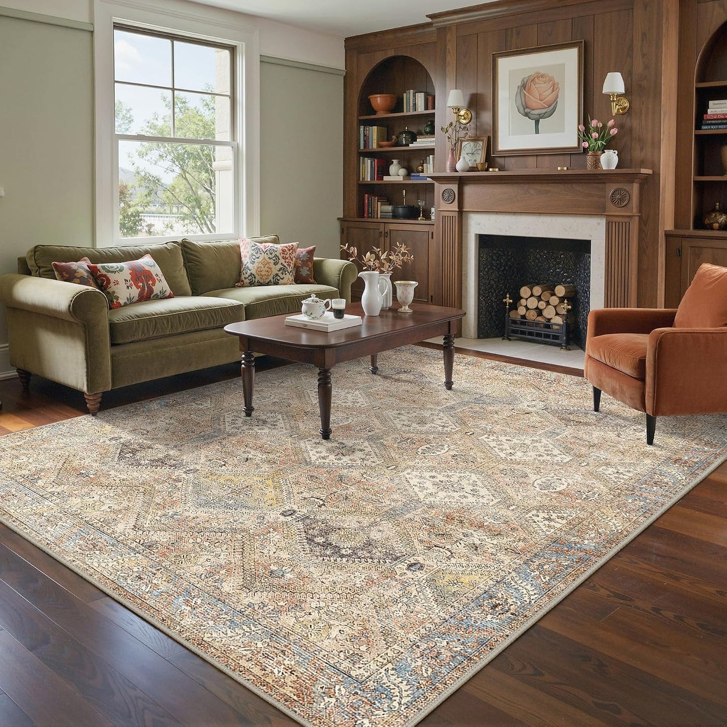 8x10 Area Rug Washable Rug for Living Room Bedroom, Vintage Print Carpet, Low Pile Lightweight Mat with Non Slip Backing, Pale Warm Yellow