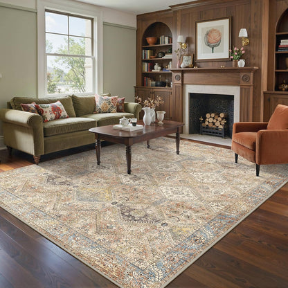 8x10 Area Rug Washable Rug for Living Room Bedroom, Vintage Print Carpet, Low Pile Lightweight Mat with Non Slip Backing, Pale Warm Yellow