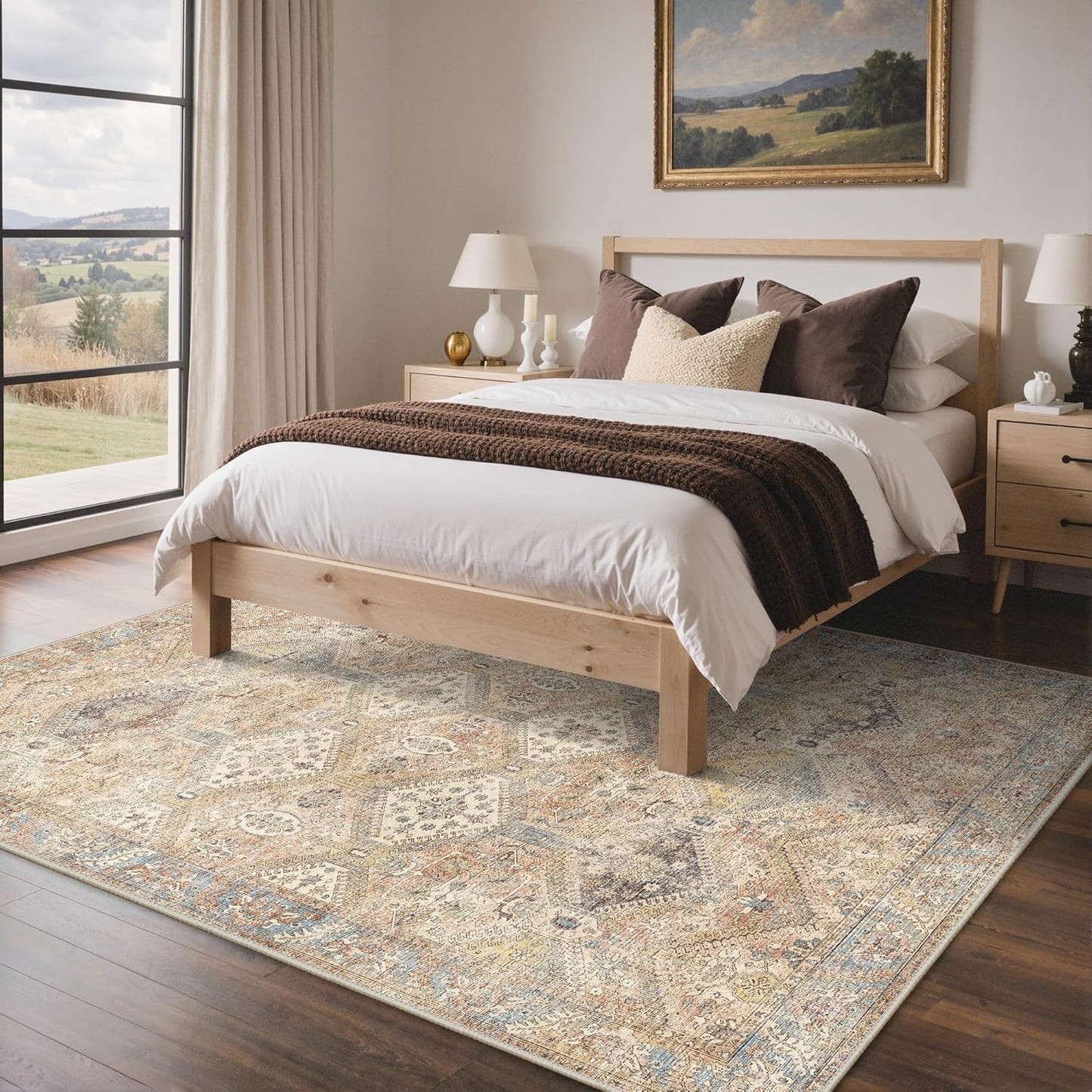 8x10 Area Rug Washable Rug for Living Room Bedroom, Vintage Print Carpet, Low Pile Lightweight Mat with Non Slip Backing, Pale Warm Yellow