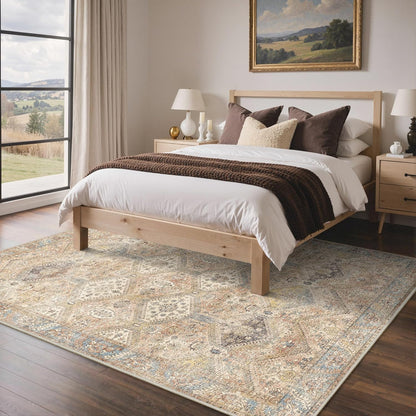 8x10 Area Rug Washable Rug for Living Room Bedroom, Vintage Print Carpet, Low Pile Lightweight Mat with Non Slip Backing, Pale Warm Yellow