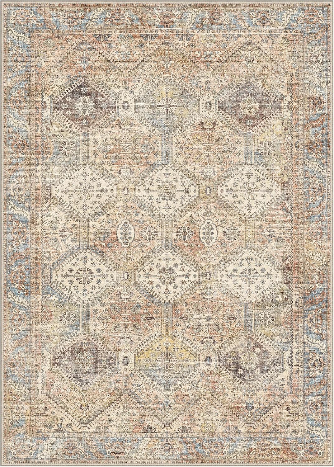 8x10 Area Rug Washable Rug for Living Room Bedroom, Vintage Print Carpet, Low Pile Lightweight Mat with Non Slip Backing, Pale Warm Yellow
