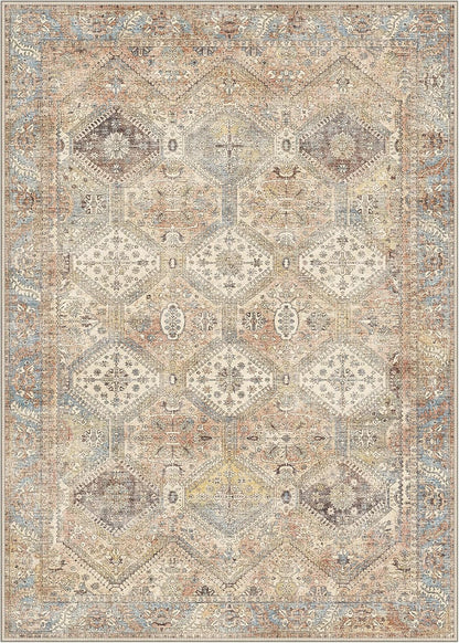 8x10 Area Rug Washable Rug for Living Room Bedroom, Vintage Print Carpet, Low Pile Lightweight Mat with Non Slip Backing, Pale Warm Yellow